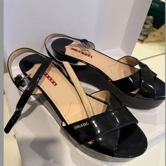 Prada Black Patent Leather Wedge Sandals - Size 10 - Picture 2 of 4